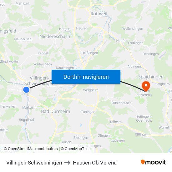 Villingen-Schwenningen to Hausen Ob Verena map