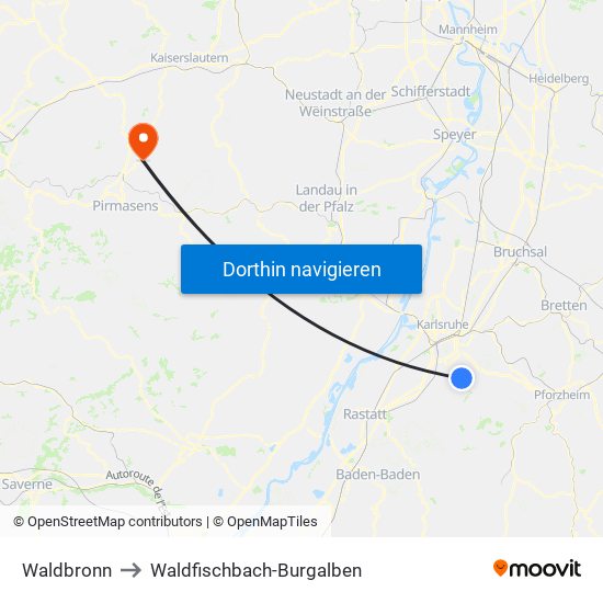 Waldbronn to Waldfischbach-Burgalben map