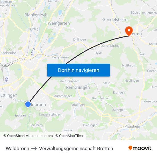 Waldbronn to Verwaltungsgemeinschaft Bretten map