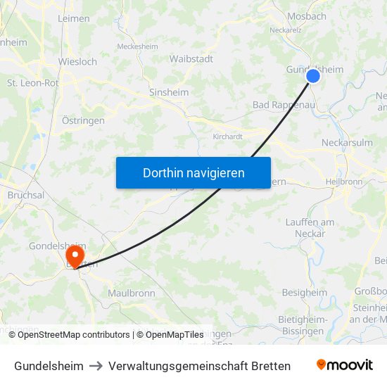 Gundelsheim to Verwaltungsgemeinschaft Bretten map