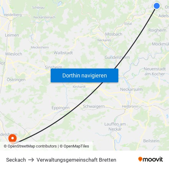 Seckach to Verwaltungsgemeinschaft Bretten map