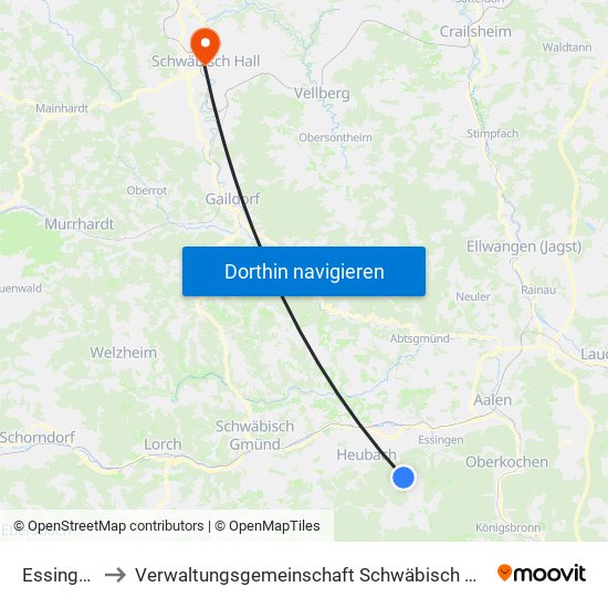 Essingen to Verwaltungsgemeinschaft Schwäbisch Hall map