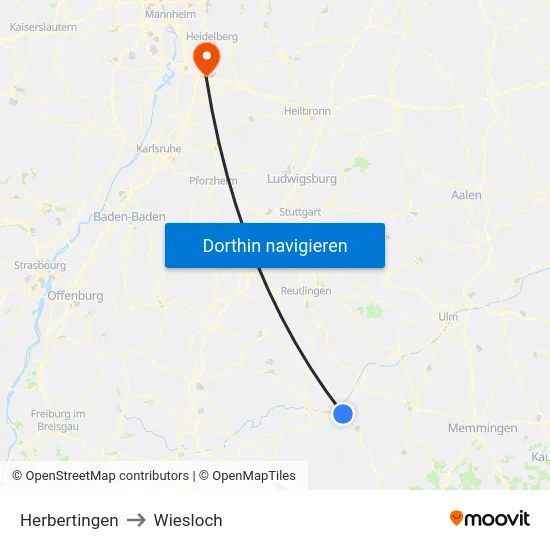 Herbertingen to Wiesloch map