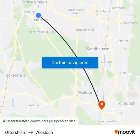 Oftersheim to Wiesloch map