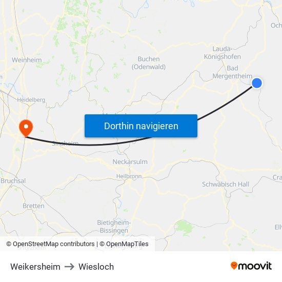 Weikersheim to Wiesloch map