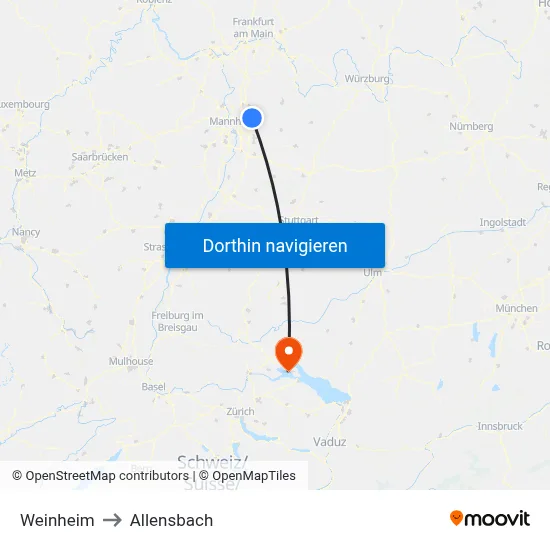 Weinheim to Allensbach map