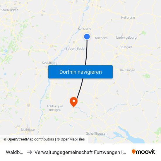 Waldbronn to Verwaltungsgemeinschaft Furtwangen Im Schwarzwald map