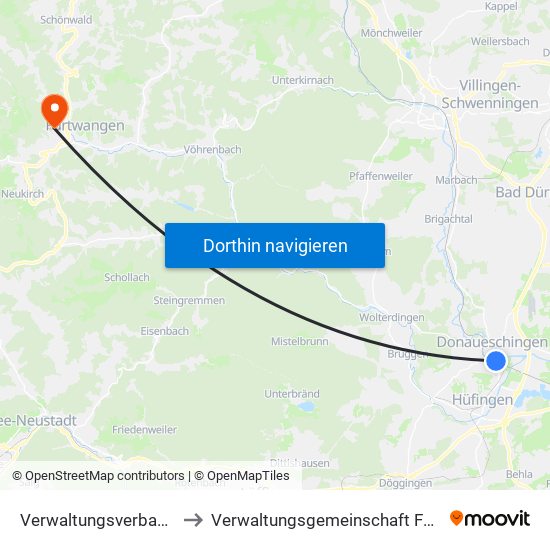 Verwaltungsverband Donaueschingen to Verwaltungsgemeinschaft Furtwangen Im Schwarzwald map