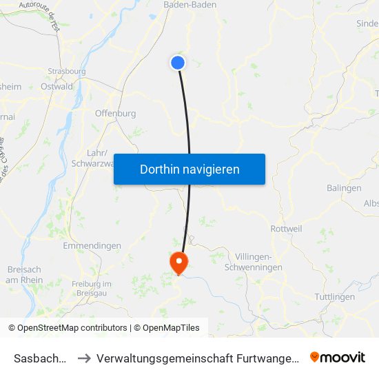 Sasbachwalden to Verwaltungsgemeinschaft Furtwangen Im Schwarzwald map