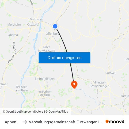 Appenweier to Verwaltungsgemeinschaft Furtwangen Im Schwarzwald map