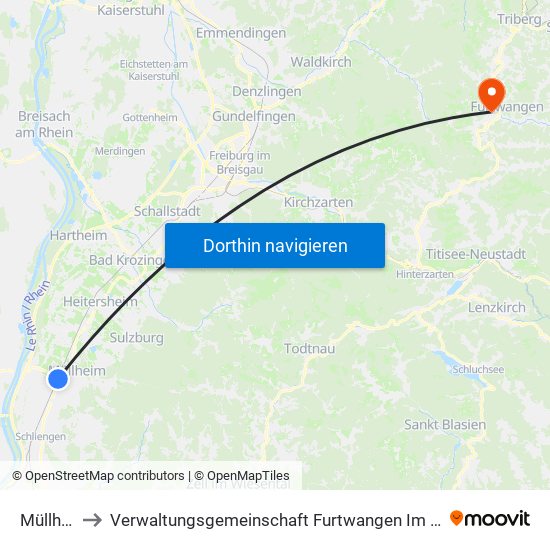 Müllheim to Verwaltungsgemeinschaft Furtwangen Im Schwarzwald map