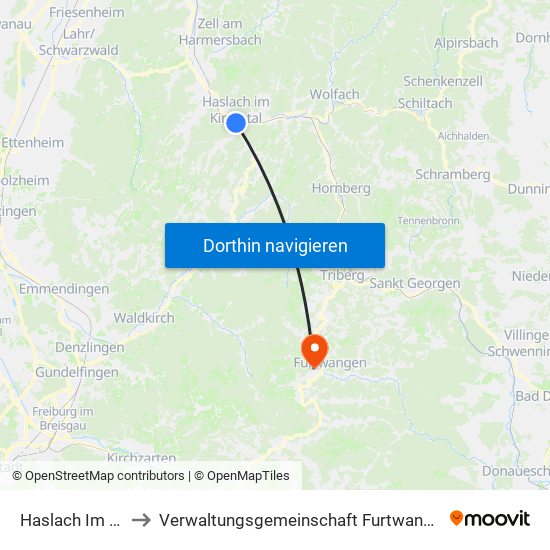 Haslach Im Kinzigtal to Verwaltungsgemeinschaft Furtwangen Im Schwarzwald map