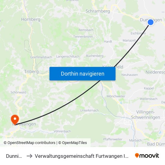 Dunningen to Verwaltungsgemeinschaft Furtwangen Im Schwarzwald map