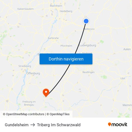 Gundelsheim to Triberg Im Schwarzwald map