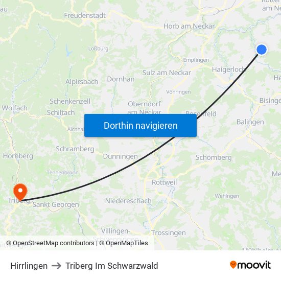 Hirrlingen to Triberg Im Schwarzwald map