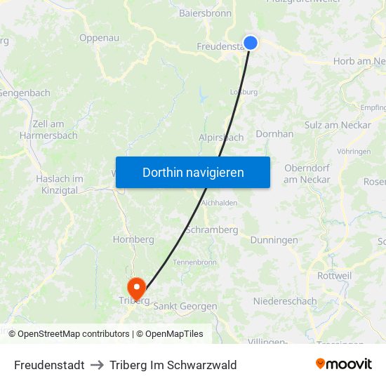 Freudenstadt to Triberg Im Schwarzwald map
