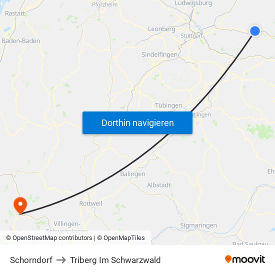 Schorndorf to Triberg Im Schwarzwald map