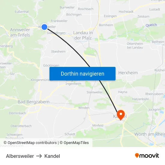 Albersweiler to Kandel map
