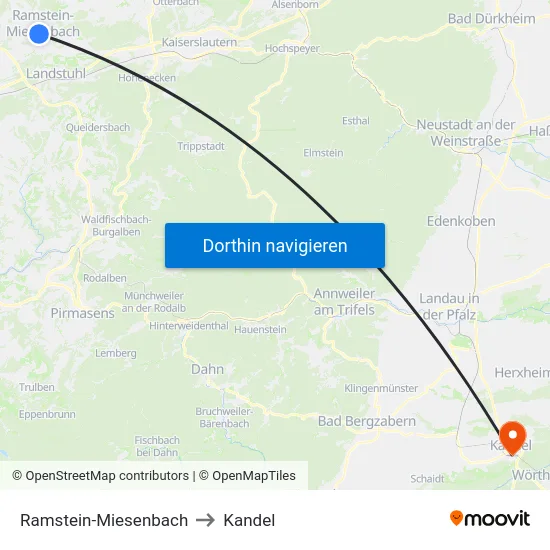 Ramstein-Miesenbach to Kandel map