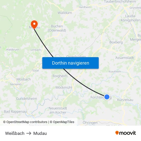 Weißbach to Mudau map