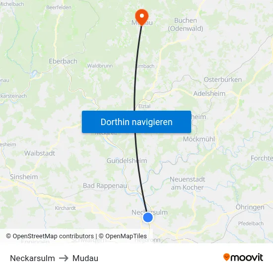 Neckarsulm to Mudau map