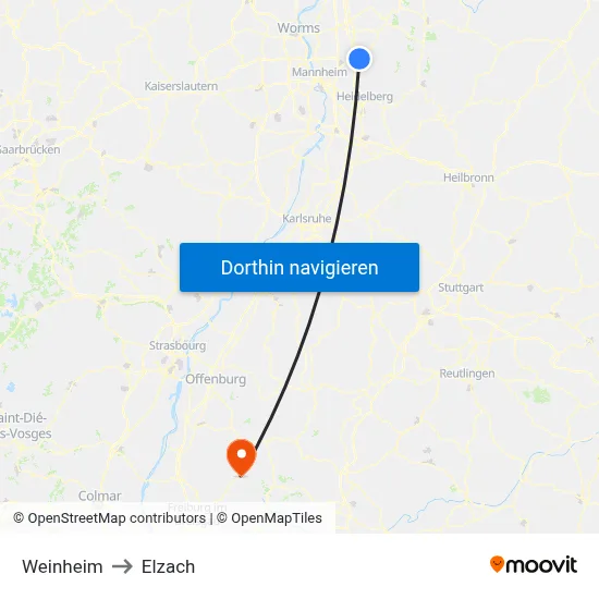 Weinheim to Elzach map