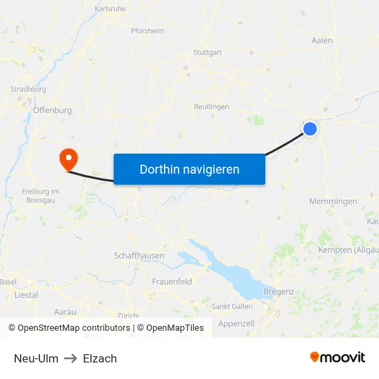 Neu-Ulm to Elzach map