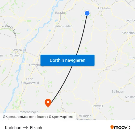 Karlsbad to Elzach map