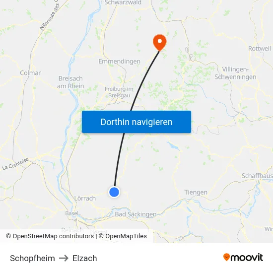 Schopfheim to Elzach map