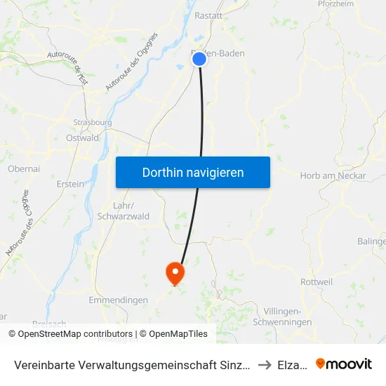 Vereinbarte Verwaltungsgemeinschaft Sinzheim to Elzach map