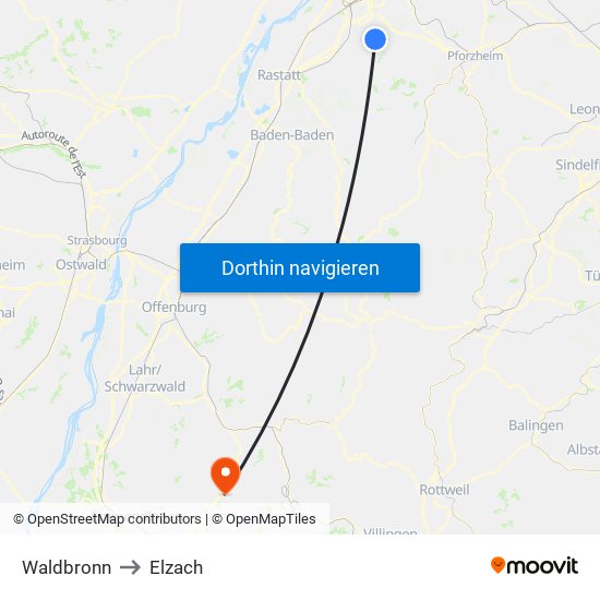 Waldbronn to Elzach map