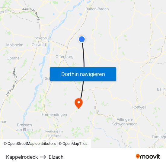 Kappelrodeck to Elzach map