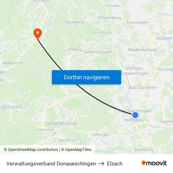 Verwaltungsverband Donaueschingen to Elzach map