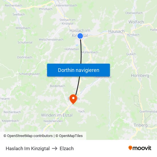 Haslach Im Kinzigtal to Elzach map