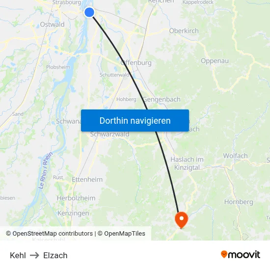 Kehl to Elzach map
