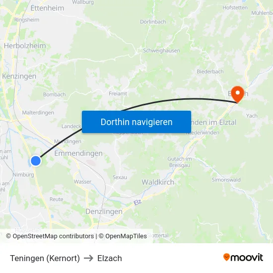 Teningen (Kernort) to Elzach map