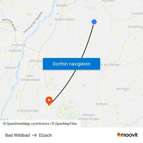 Bad Wildbad to Elzach map