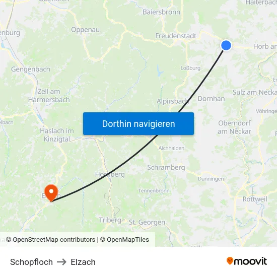 Schopfloch to Elzach map