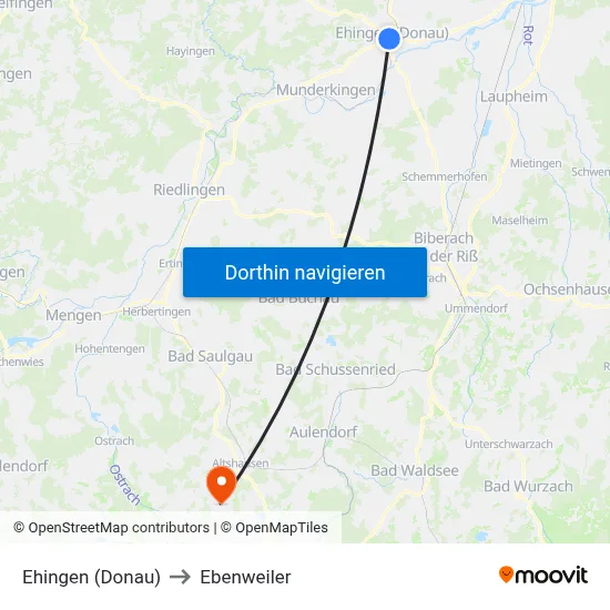 Ehingen (Donau) to Ebenweiler map