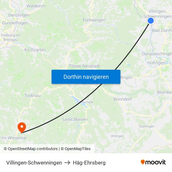 Villingen-Schwenningen to Häg-Ehrsberg map