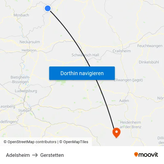 Adelsheim to Gerstetten map