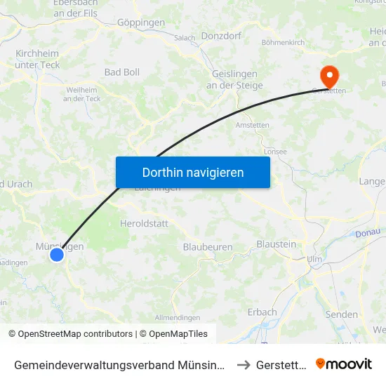 Gemeindeverwaltungsverband Münsingen to Gerstetten map