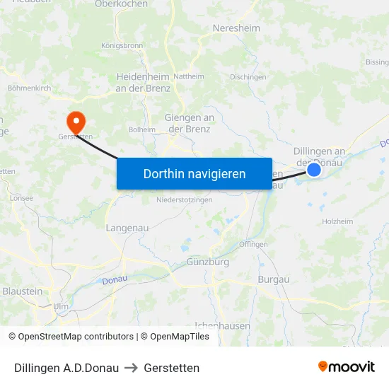 Dillingen A.D.Donau to Gerstetten map