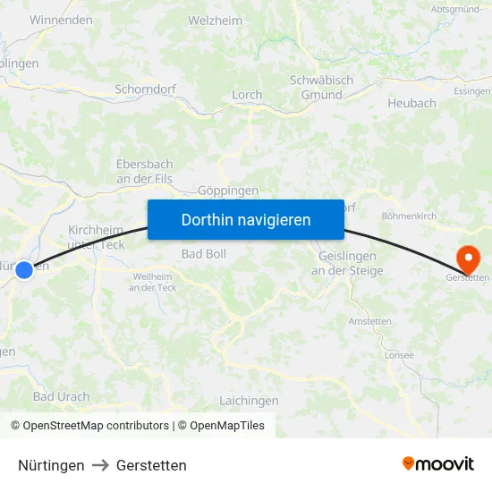 Nürtingen to Gerstetten map