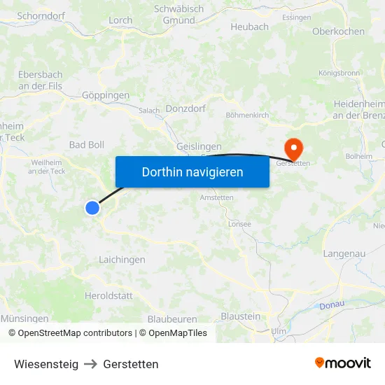 Wiesensteig to Gerstetten map