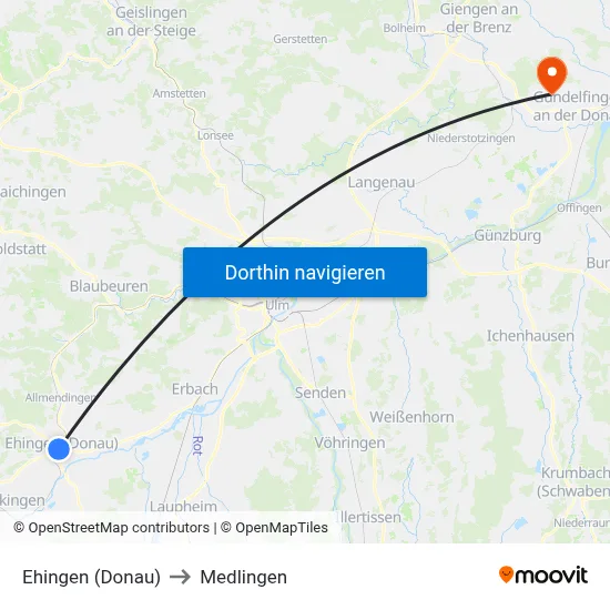 Ehingen (Donau) to Medlingen map