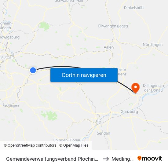 Gemeindeverwaltungsverband Plochingen to Medlingen map