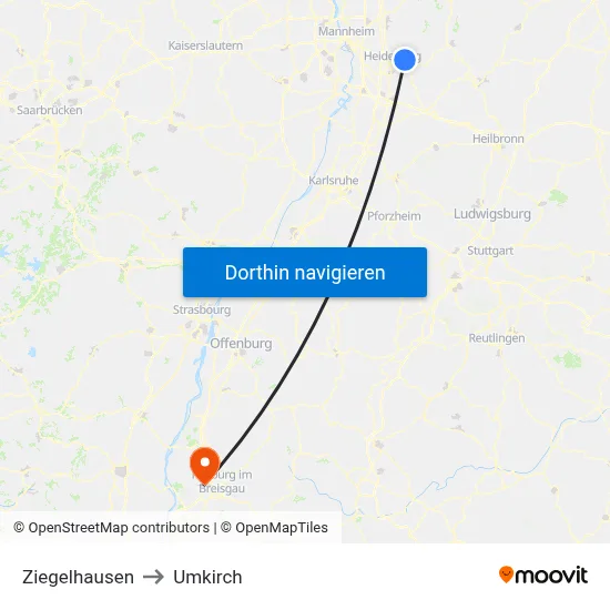 Ziegelhausen to Umkirch map