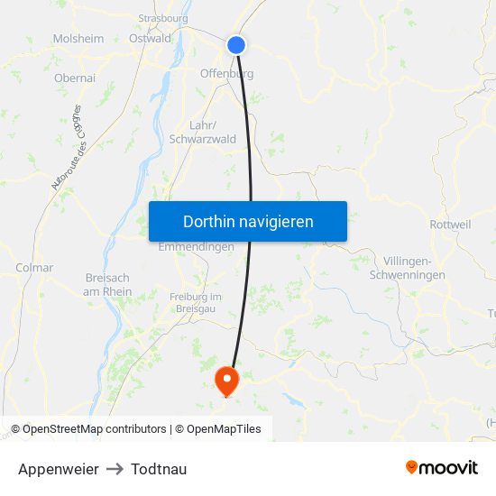 Appenweier to Todtnau map