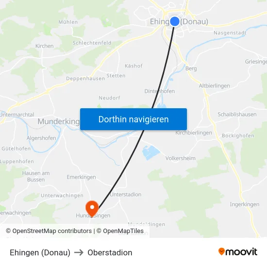 Ehingen (Donau) to Oberstadion map